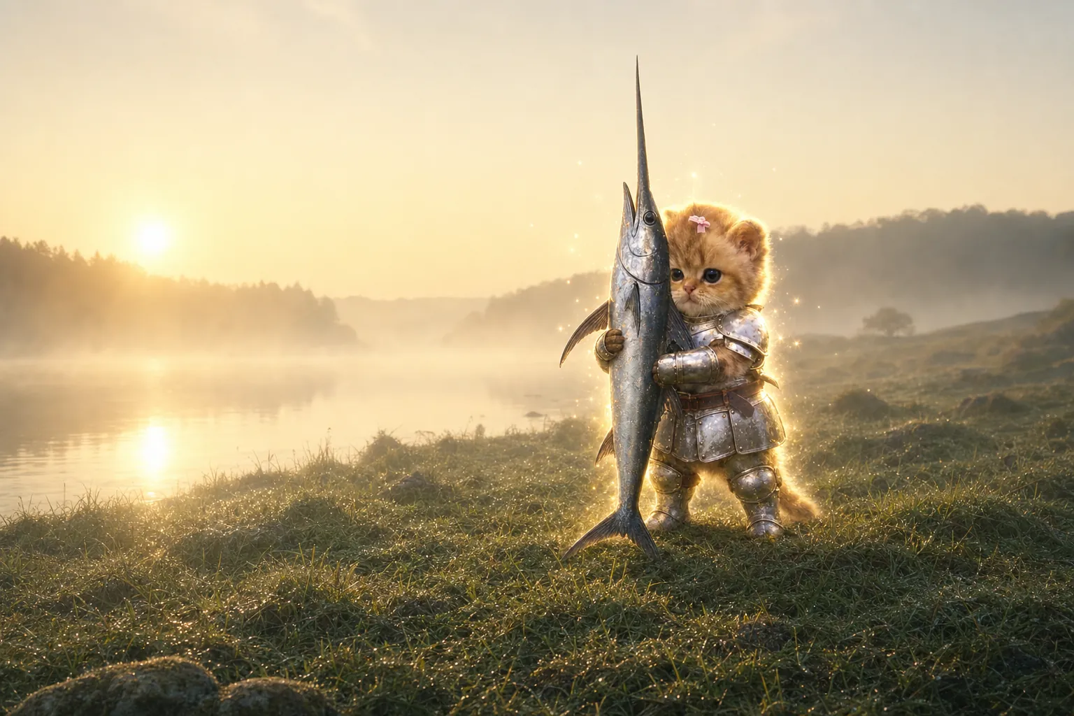 The little ginger knight kitten in silver armour holds a big swordfish upright by a misty lake at sunrise.